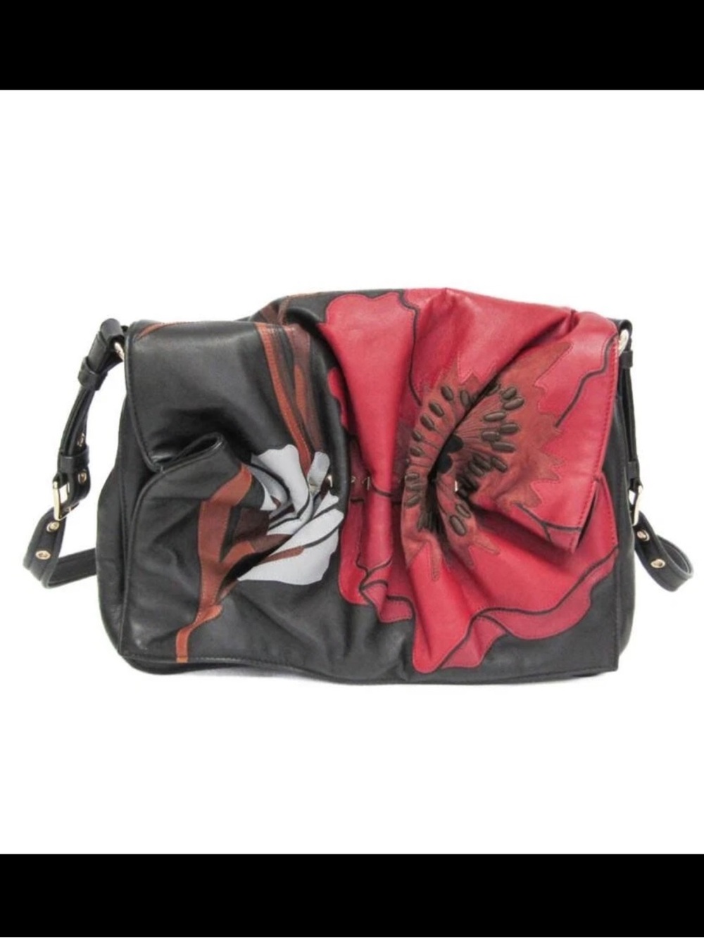 Valentino Garavani Black and Red Leather Floral Shoulder Bag